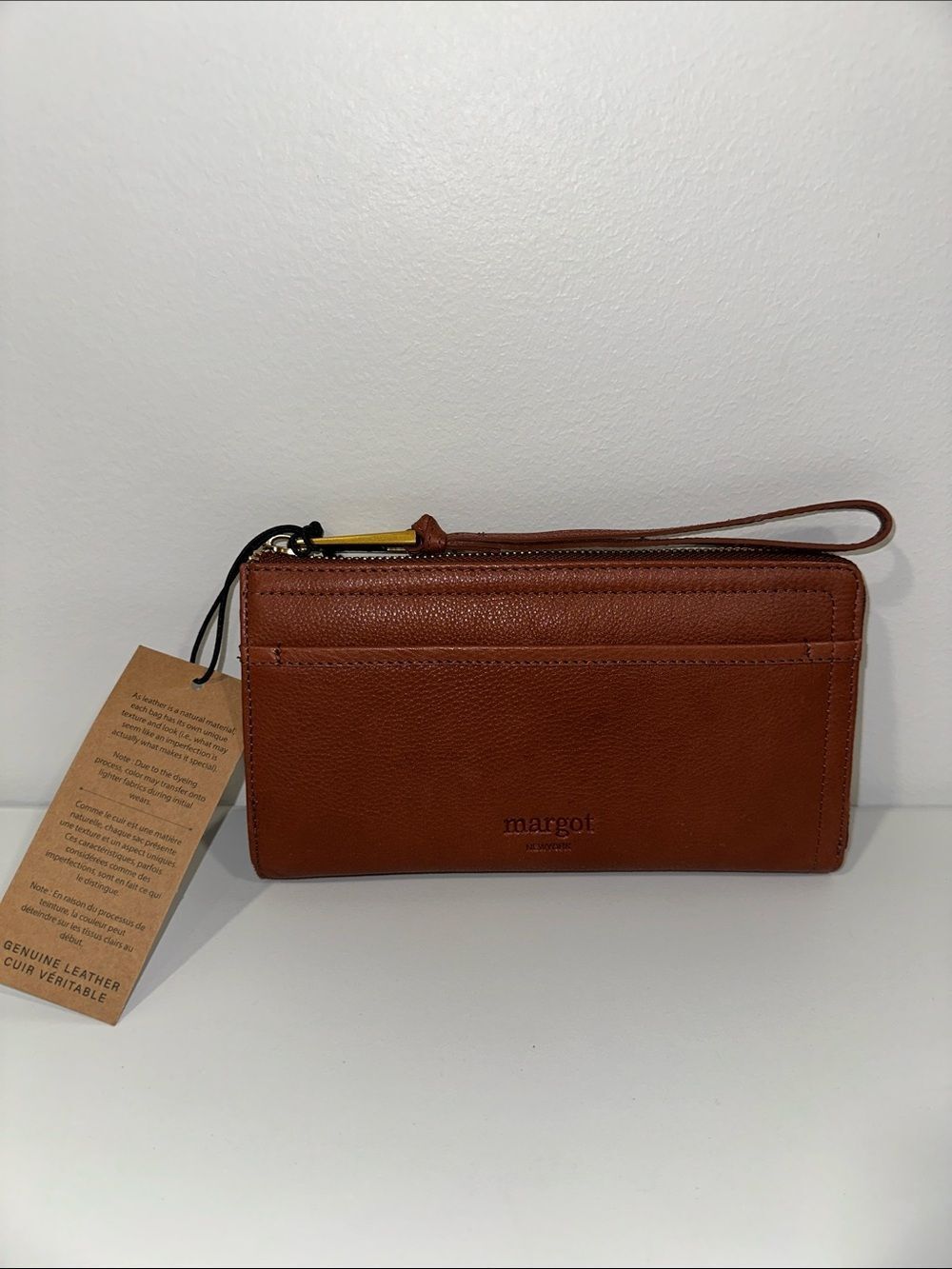 margotāCognac Brown Leather Patty Envelope wallet wristlet strap
